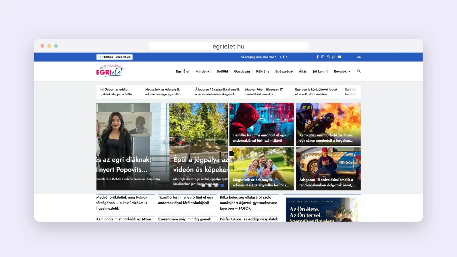 Az egrielet.hu nyitóoldala